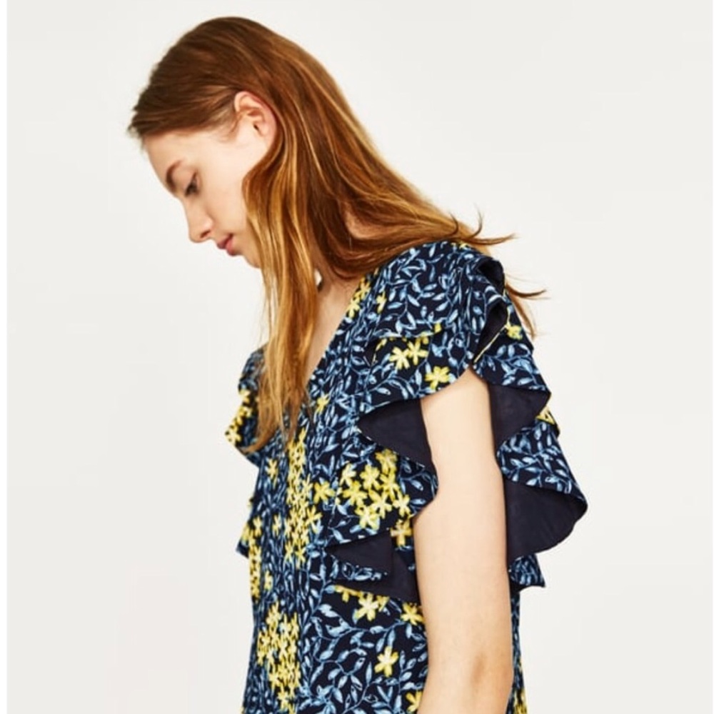 Zara Blue and Yellow Floral Ruffle Sleeve Dress